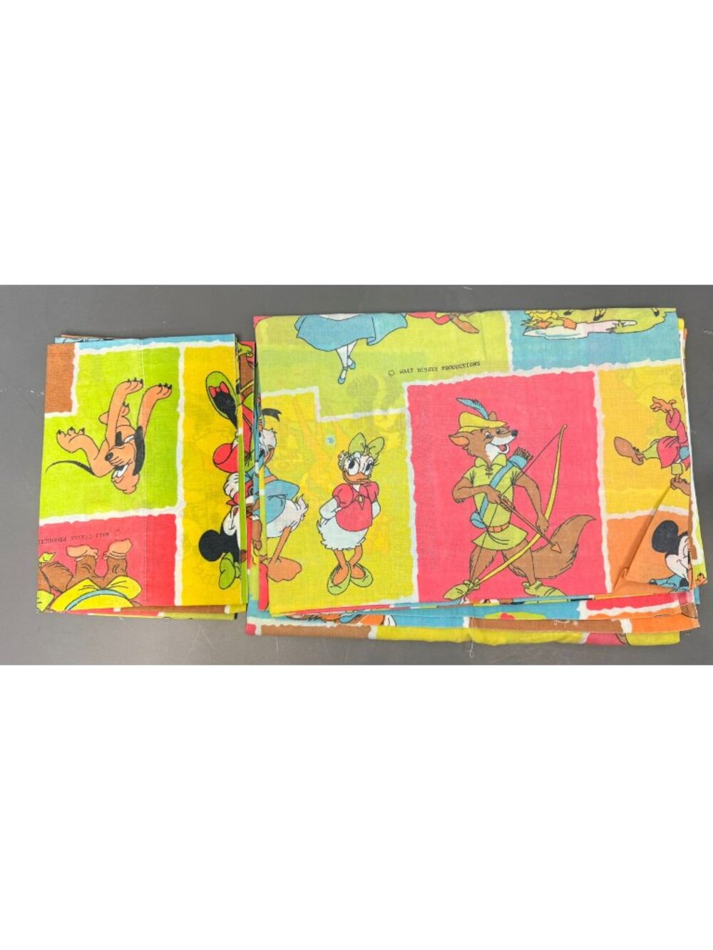Vintage Disney Cartoon Fabric sheet Featuring Mickey, Alice, Robin Hood, Bambi
